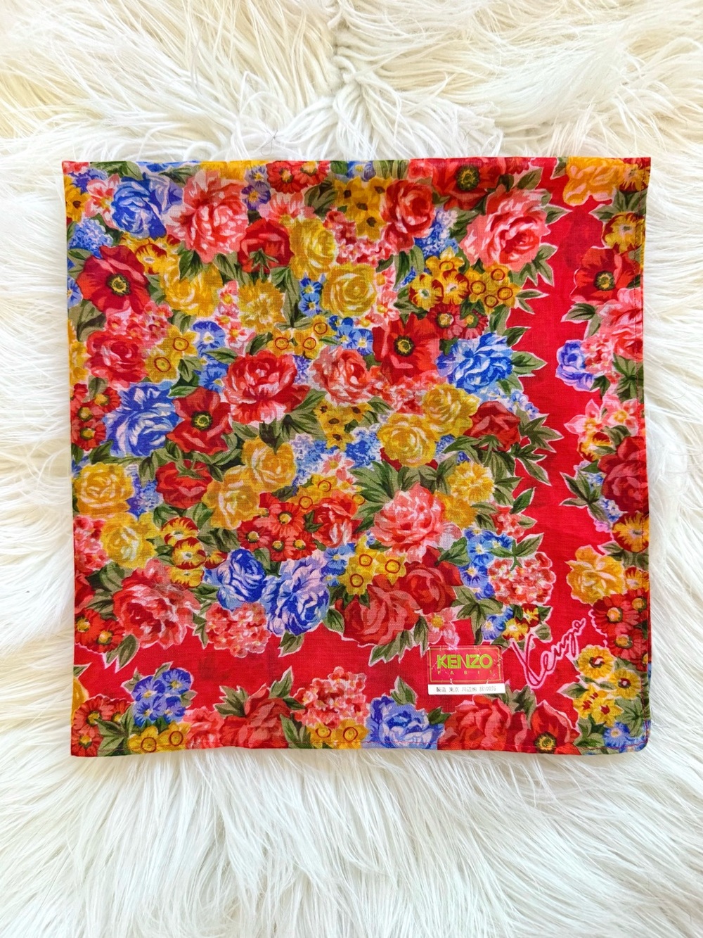 Vintage Kenzo Floral Red Multicolor Kerchief Scarf